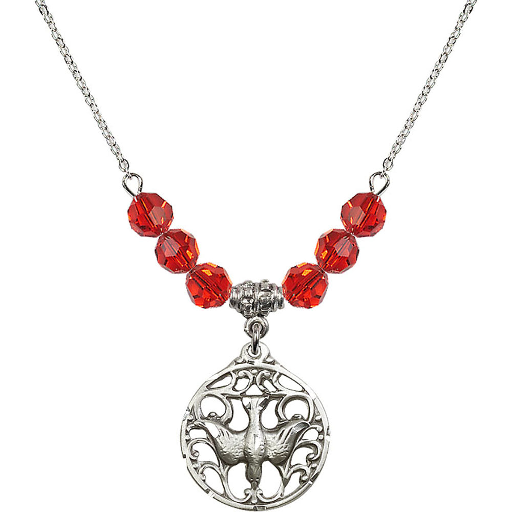 Sterling Silver Holy Spirit Birthstone Necklace with Ruby Beads - 5655