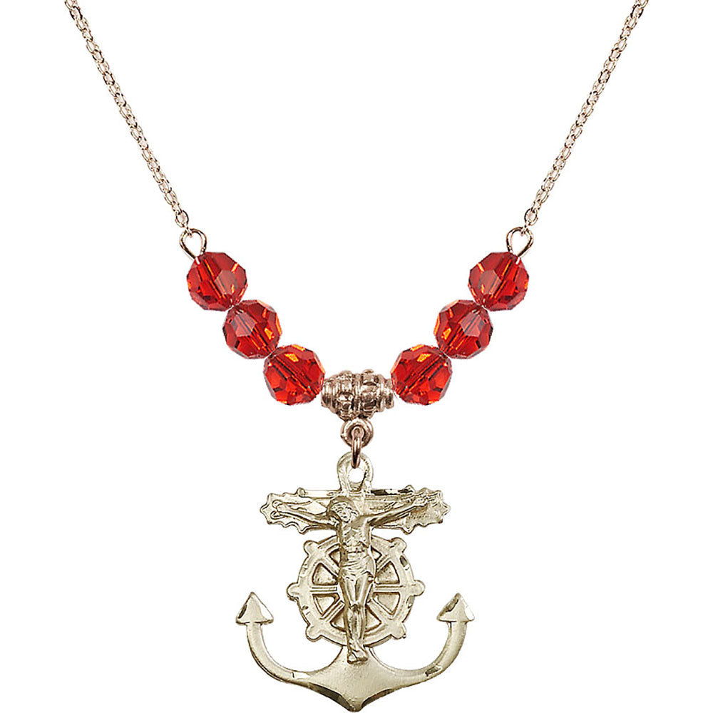 14kt Gold Filled Anchor Crucifix Birthstone Necklace with Ruby Beads - 5685