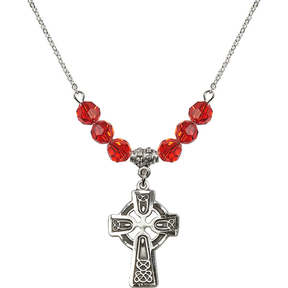 Sterling Silver Celtic Cross Birthstone Necklace with Ruby Beads - 5689