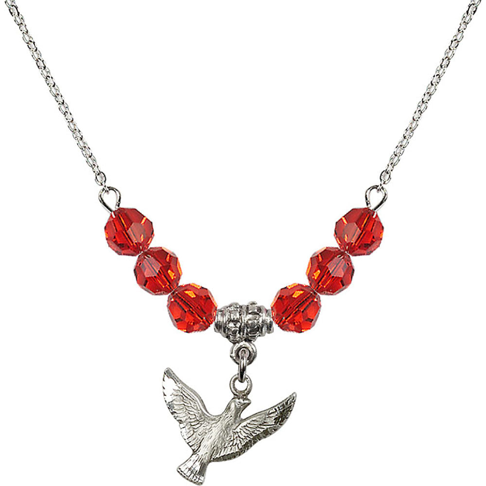 Sterling Silver Holy Spirit Birthstone Necklace with Ruby Beads - 5912