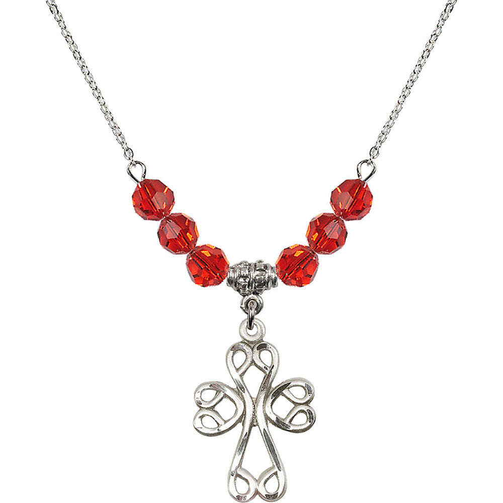 Sterling Silver Scroll Cross Birthstone Necklace with Ruby Beads - 5998