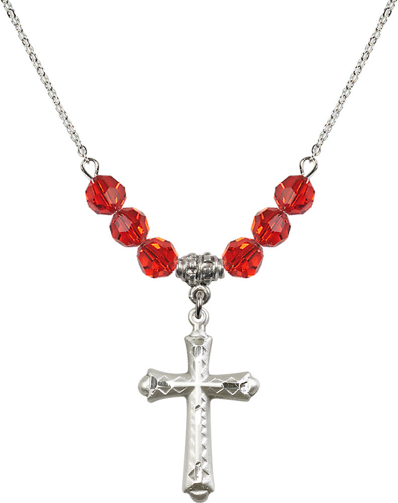Sterling Silver Cross Birthstone Necklace with Ruby Beads - 6007