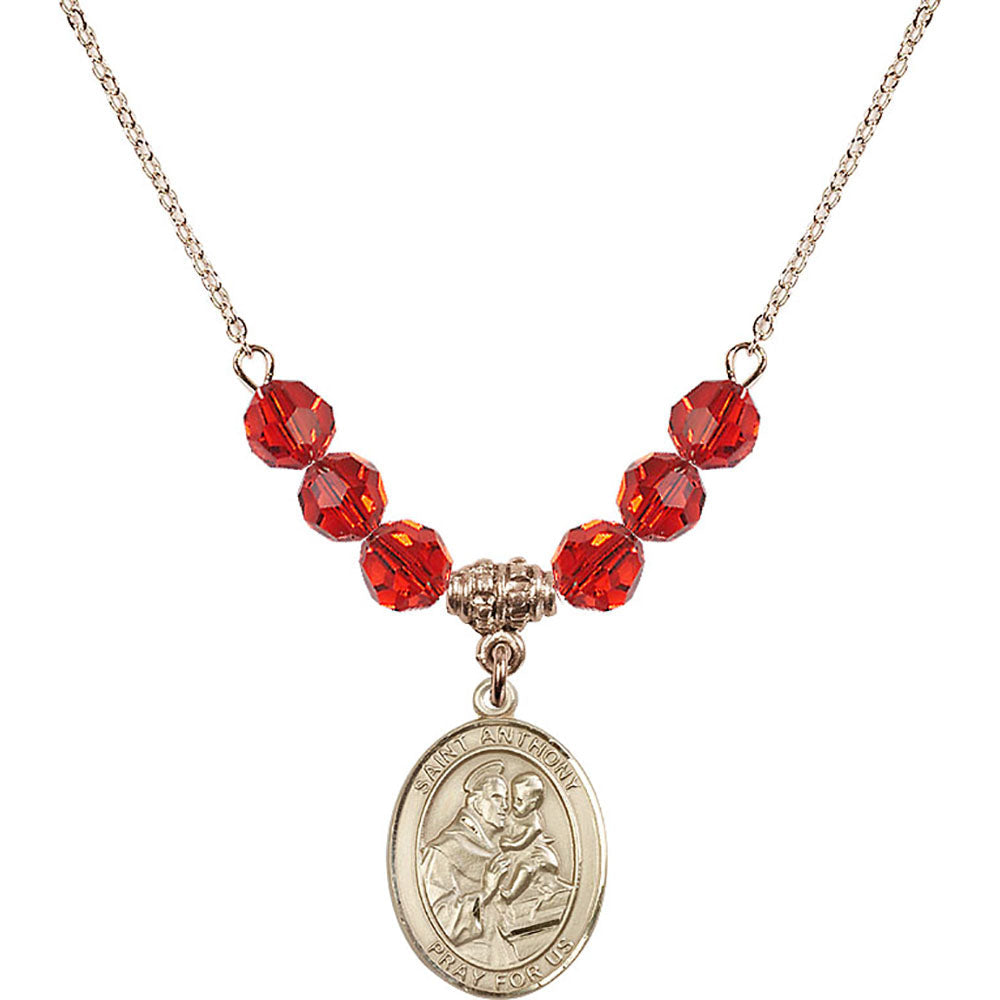 14kt Gold Filled Saint Anthony of Padua Birthstone Necklace with Ruby Beads - 8004
