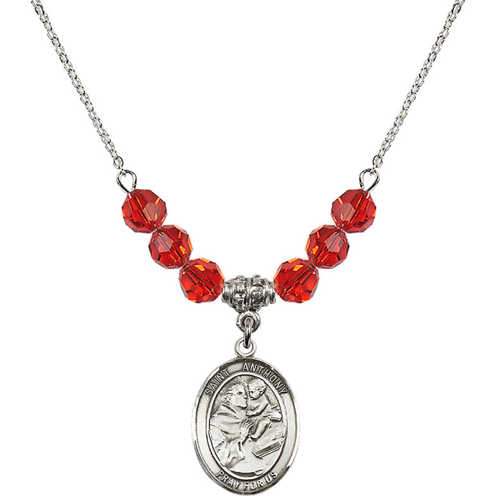 Sterling Silver Saint Anthony of Padua Birthstone Necklace with Ruby Beads - 8004