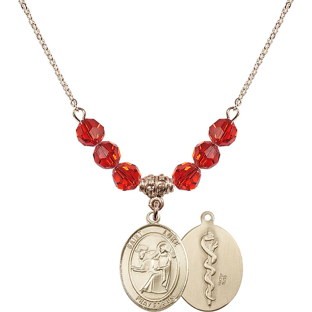 14kt Gold Filled Saint Luke the Apostle / Doctor Birthstone Necklace with Ruby Beads - 8068