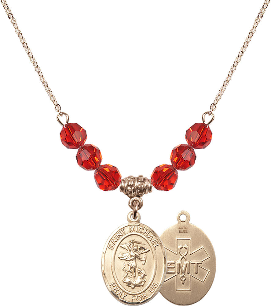 14kt Gold Filled Saint Michael / EMT Birthstone Necklace with Ruby Beads - 8076
