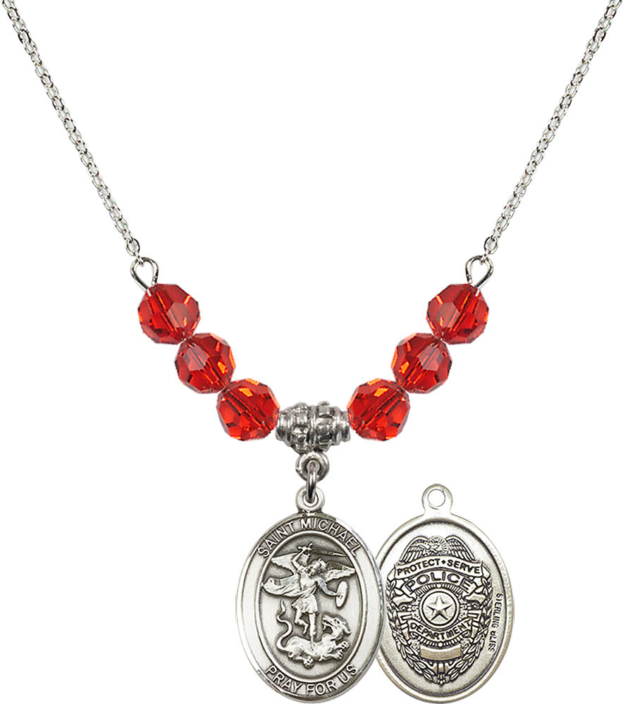 Sterling Silver Saint Michael / Policeman Birthstone Necklace with Ruby Beads - 8076