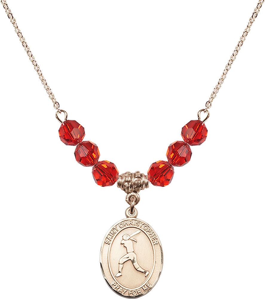 14kt Gold Filled Saint Christopher/Softball Birthstone Necklace with Ruby Beads - 8145