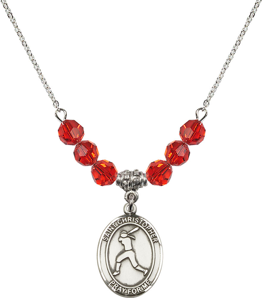 Sterling Silver Saint Christopher/Softball Birthstone Necklace with Ruby Beads - 8145
