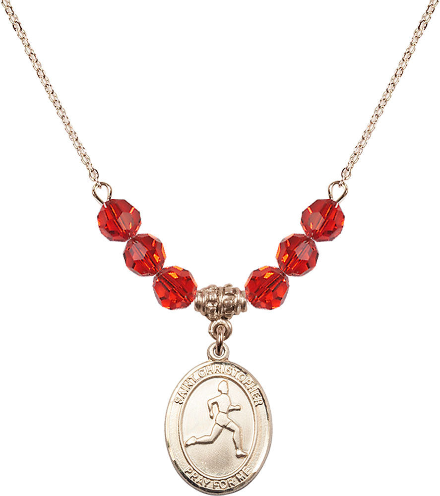 14kt Gold Filled Saint Christopher/Track & Field Birthstone Necklace with Ruby Beads - 8149