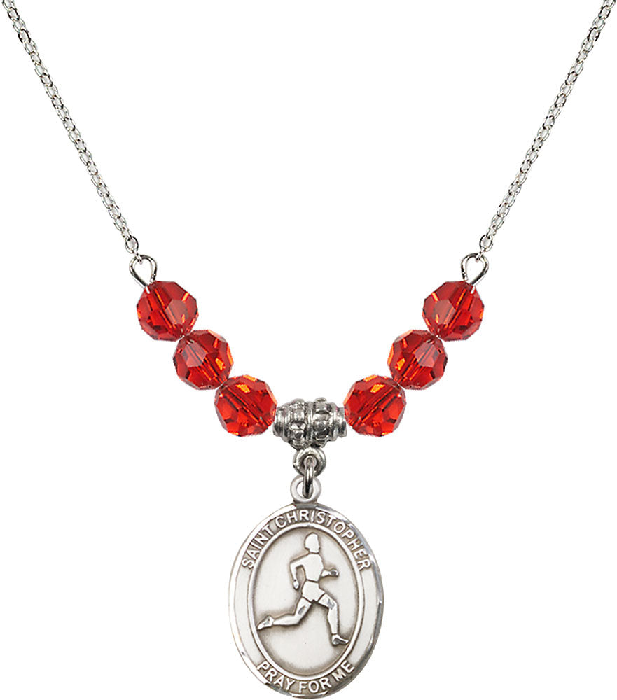 Sterling Silver Saint Christopher/Track & Field Birthstone Necklace with Ruby Beads - 8149