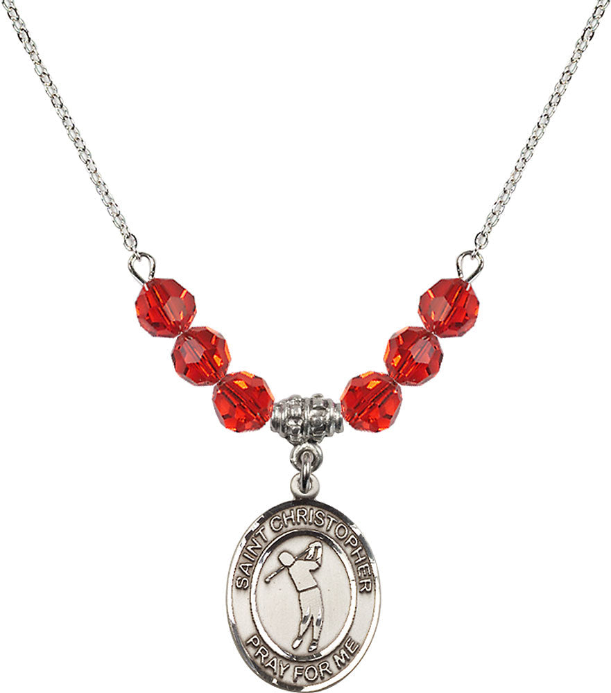 Sterling Silver Saint Christopher/Golf Birthstone Necklace with Ruby Beads - 8152