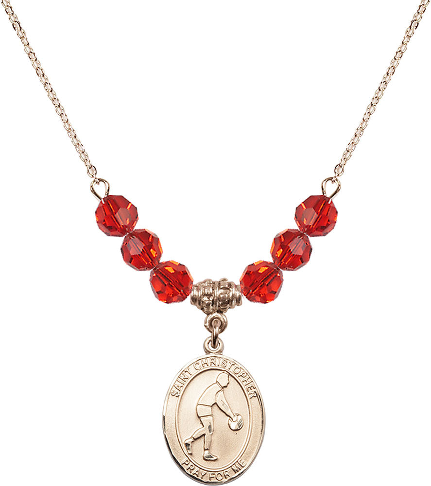 14kt Gold Filled Saint Christopher/Basketball Birthstone Necklace with Ruby Beads - 8153