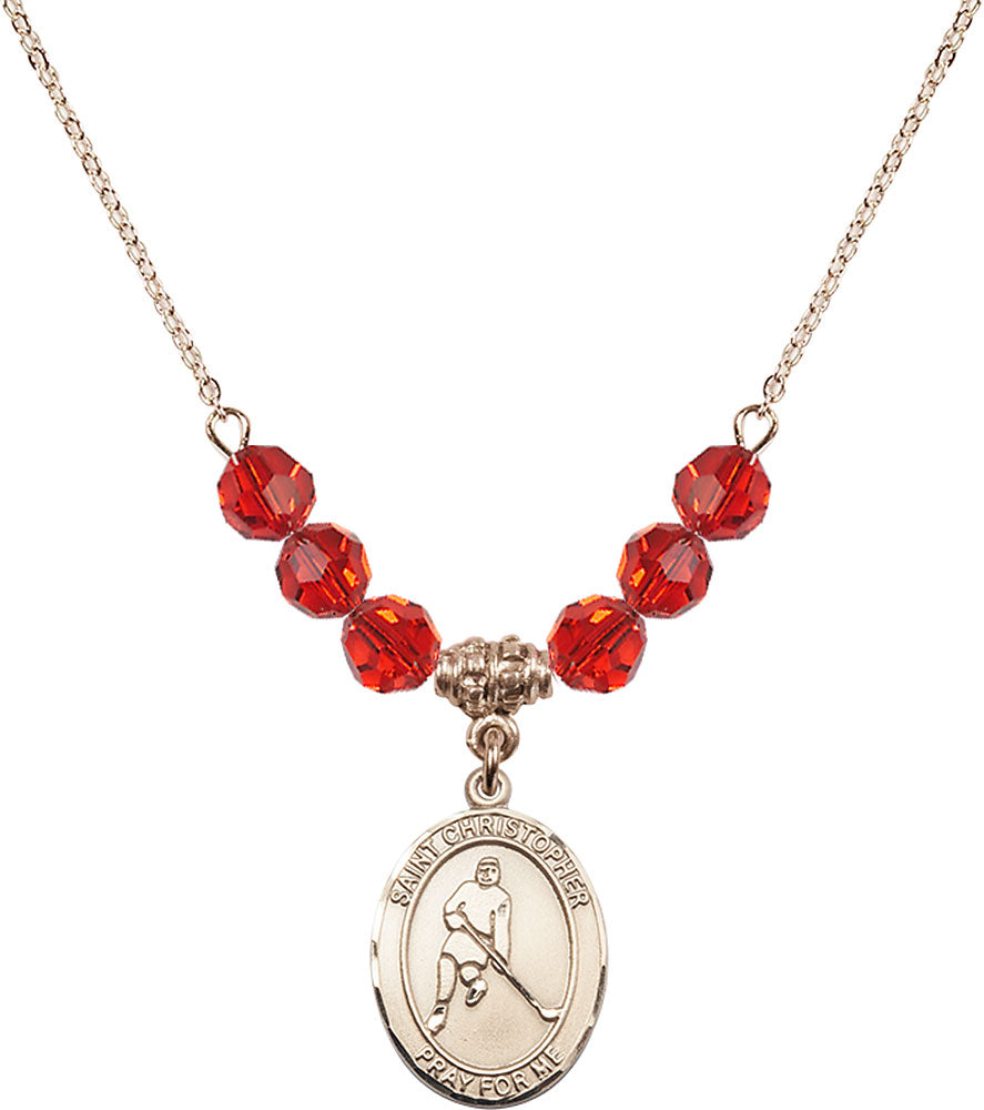 14kt Gold Filled Saint Christopher/Ice Hockey Birthstone Necklace with Ruby Beads - 8155