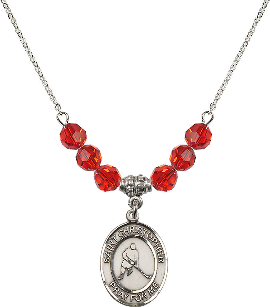 Sterling Silver Saint Christopher/Ice Hockey Birthstone Necklace with Ruby Beads - 8155