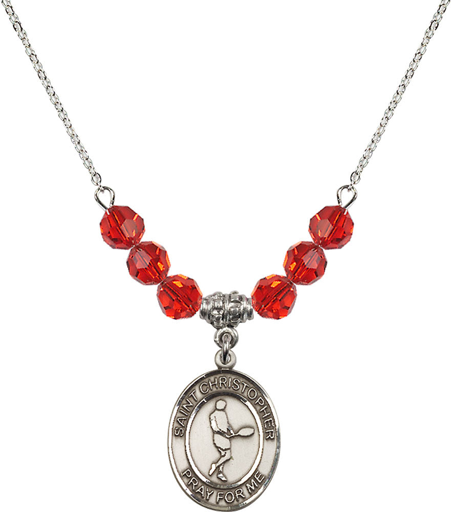 Sterling Silver Saint Christopher/Tennis Birthstone Necklace with Ruby Beads - 8156