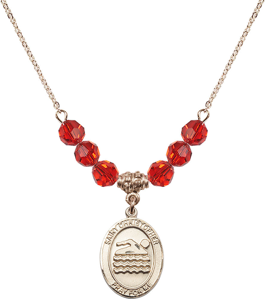 14kt Gold Filled Saint Christopher/Swimming Birthstone Necklace with Ruby Beads - 8157