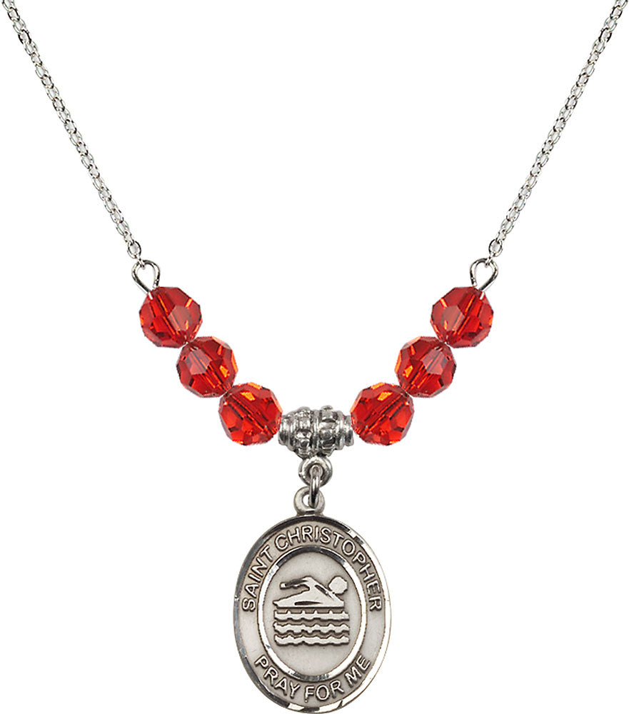 Sterling Silver Saint Christopher/Swimming Birthstone Necklace with Ruby Beads - 8157