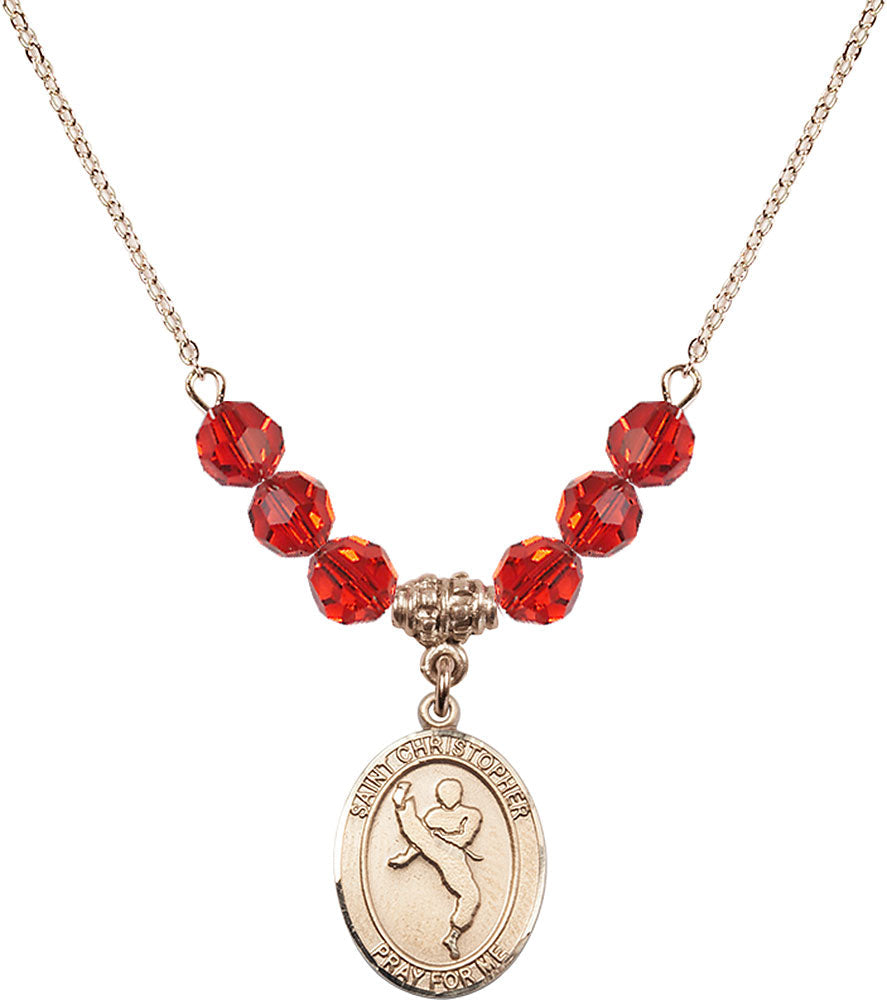 14kt Gold Filled Saint Christopher/Martial Arts Birthstone Necklace with Ruby Beads - 8158