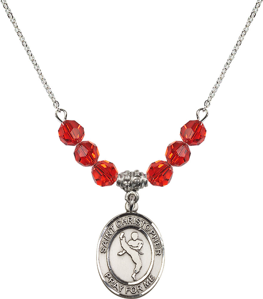 Sterling Silver Saint Christopher/Martial Arts Birthstone Necklace with Ruby Beads - 8158