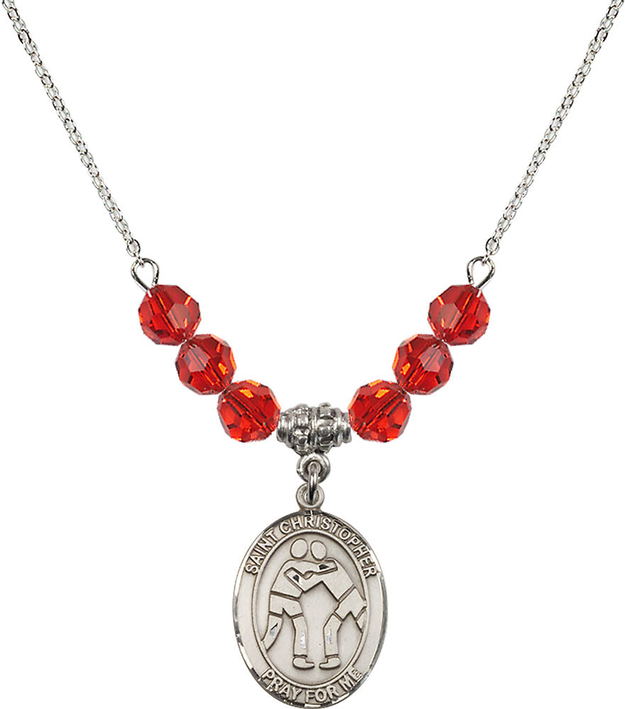 Sterling Silver Saint Christopher/Wrestling Birthstone Necklace with Ruby Beads - 8159