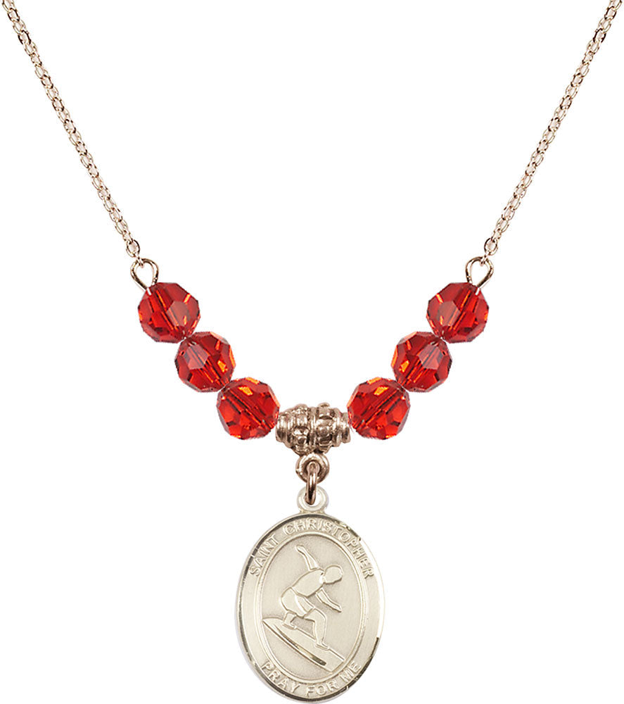 14kt Gold Filled Saint Christopher/Surfing Birthstone Necklace with Ruby Beads - 8184