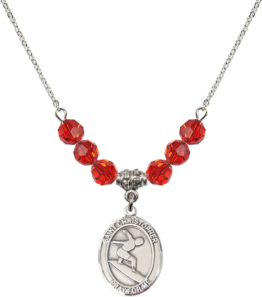 Sterling Silver Saint Christopher/Surfing Birthstone Necklace with Ruby Beads - 8184
