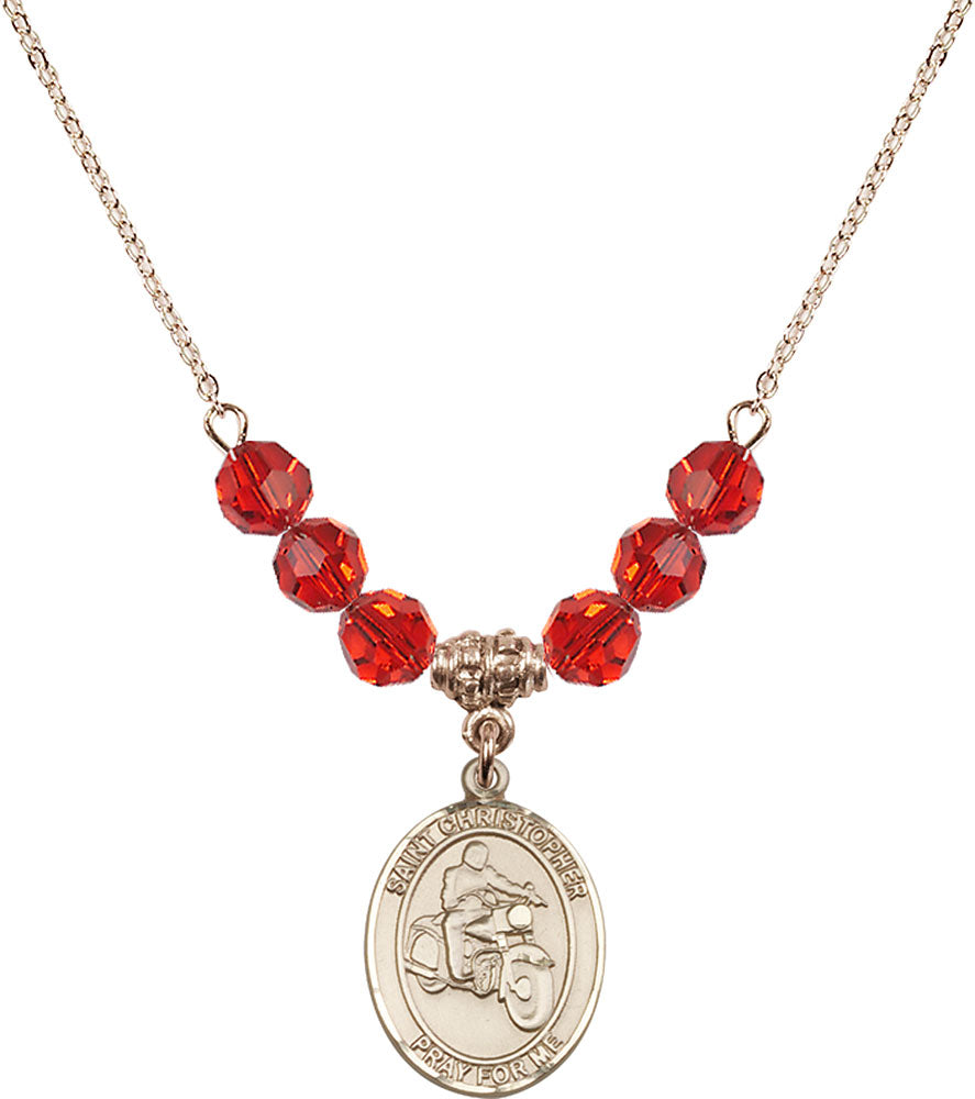 14kt Gold Filled Saint Christopher/Motorcycle Birthstone Necklace with Ruby Beads - 8185