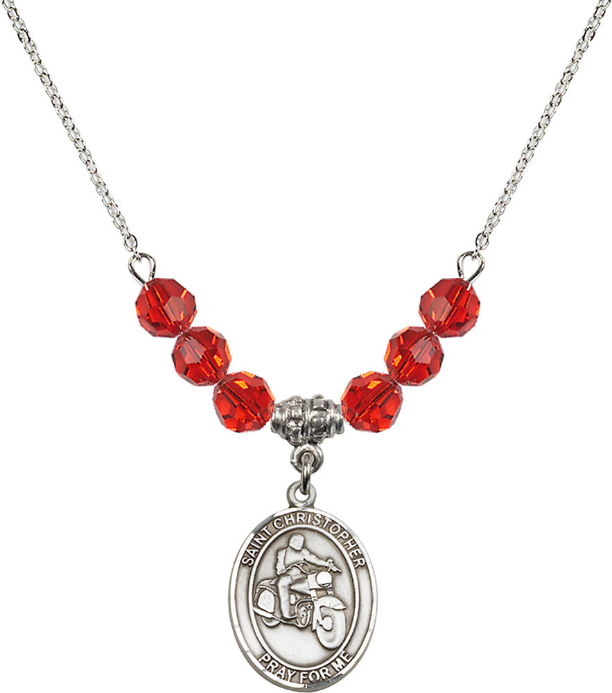 Sterling Silver Saint Christopher/Motorcycle Birthstone Necklace with Ruby Beads - 8185