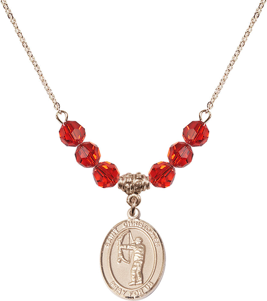 14kt Gold Filled Saint Christopher/Archery Birthstone Necklace with Ruby Beads - 8190