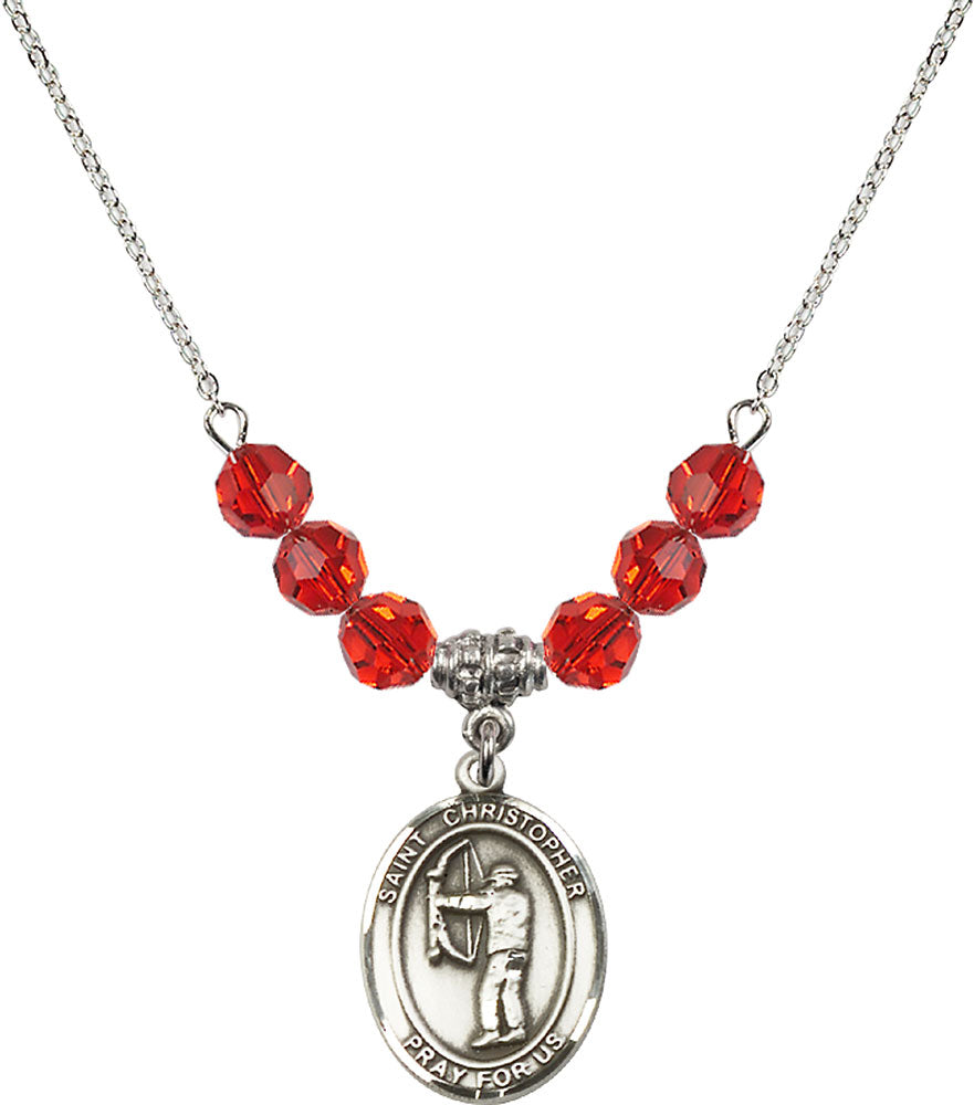 Sterling Silver Saint Christopher/Archery Birthstone Necklace with Ruby Beads - 8190