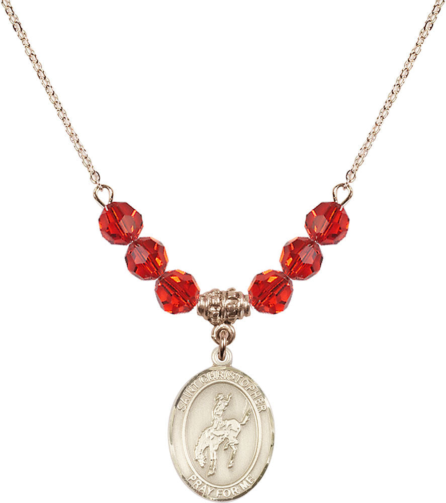 14kt Gold Filled Saint Christopher / Rodeo Birthstone Necklace with Ruby Beads - 8192