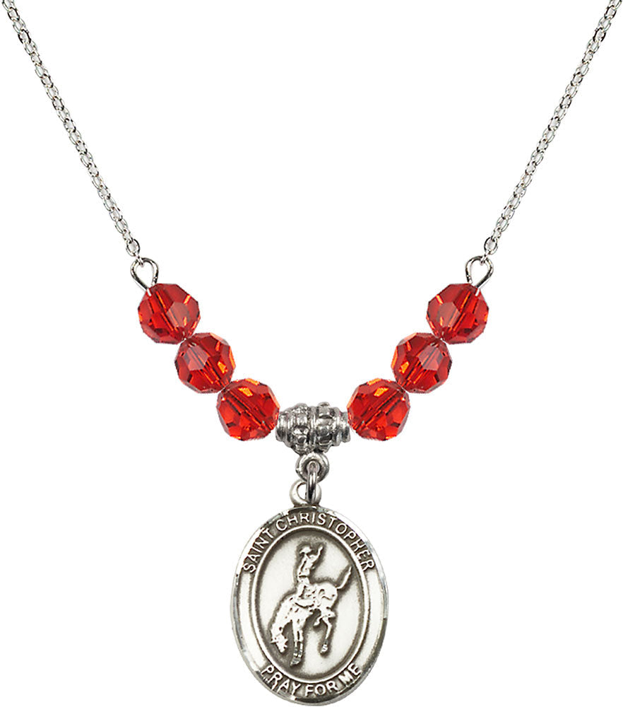 Sterling Silver Saint Christopher / Rodeo Birthstone Necklace with Ruby Beads - 8192