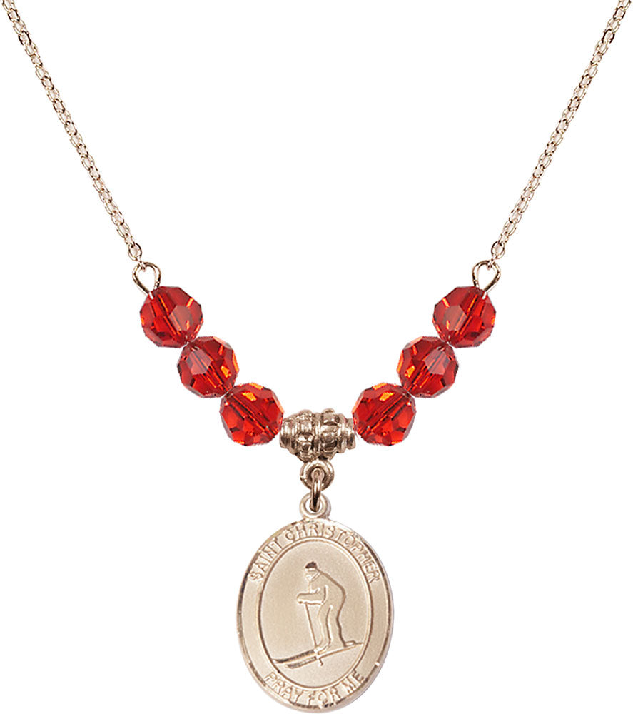 14kt Gold Filled Saint Christopher / Skiing Birthstone Necklace with Ruby Beads - 8193