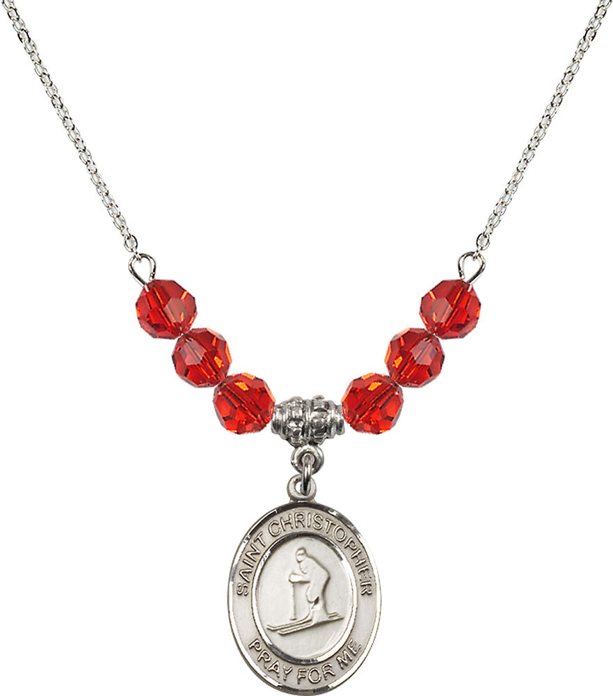 Sterling Silver Saint Christopher / Skiing Birthstone Necklace with Ruby Beads - 8193