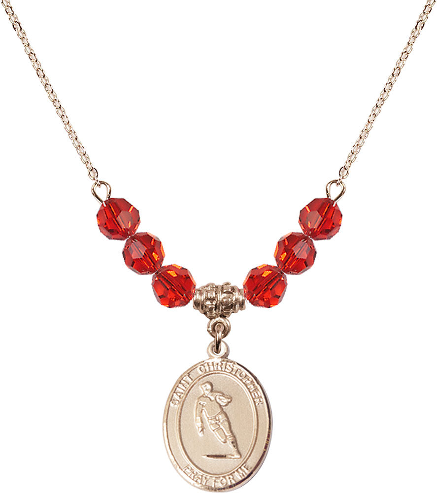 14kt Gold Filled Saint Christopher / Rugby Birthstone Necklace with Ruby Beads - 8194