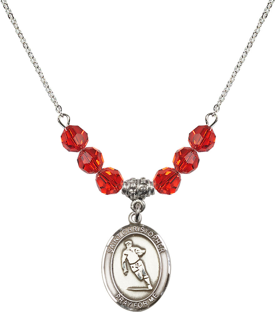 Sterling Silver Saint Christopher / Rugby Birthstone Necklace with Ruby Beads - 8194