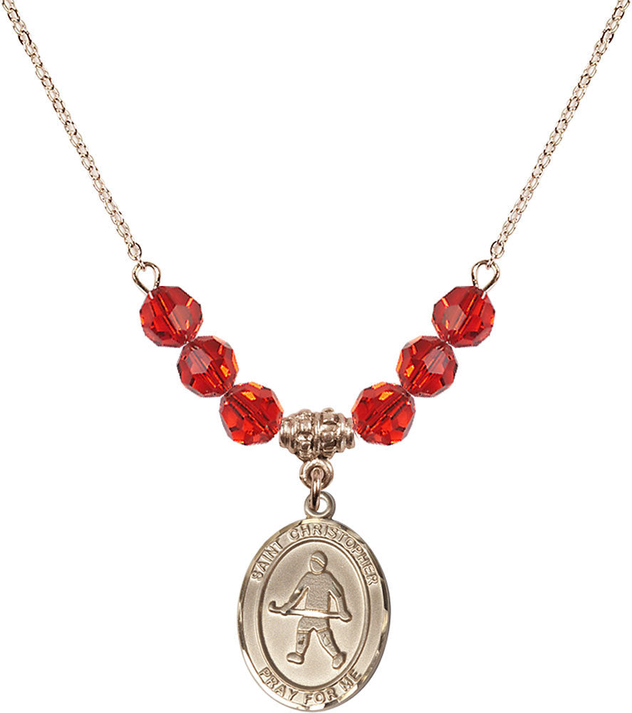 14kt Gold Filled Saint Christopher / Field Hockey Birthstone Necklace with Ruby Beads - 8195