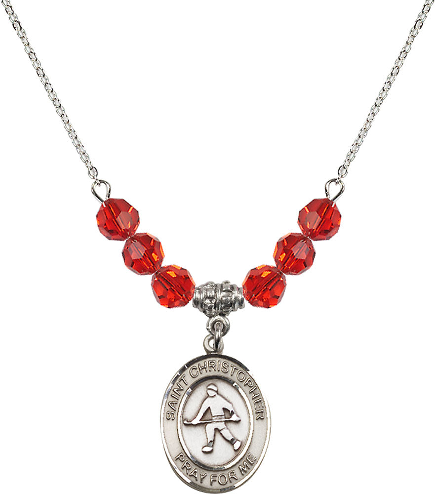 Sterling Silver Saint Christopher / Field Hockey Birthstone Necklace with Ruby Beads - 8195