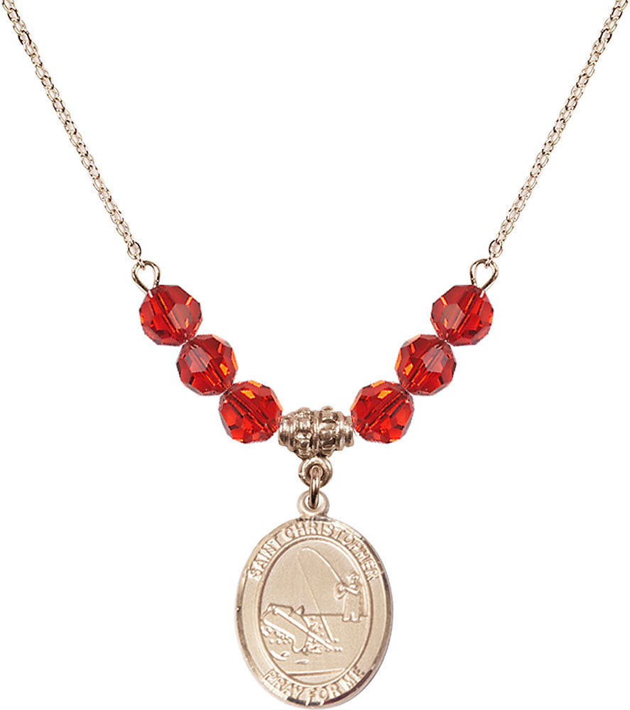 14kt Gold Filled Saint Christopher / Fishing Birthstone Necklace with Ruby Beads - 8196