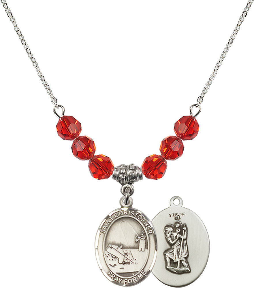 Sterling Silver Saint Christopher / Fishing Birthstone Necklace with Ruby Beads - 8196