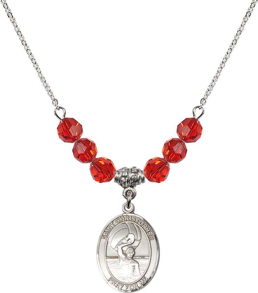 Sterling Silver Saint Christopher/Water Polo-Men Birthstone Necklace with Ruby Beads - 8198