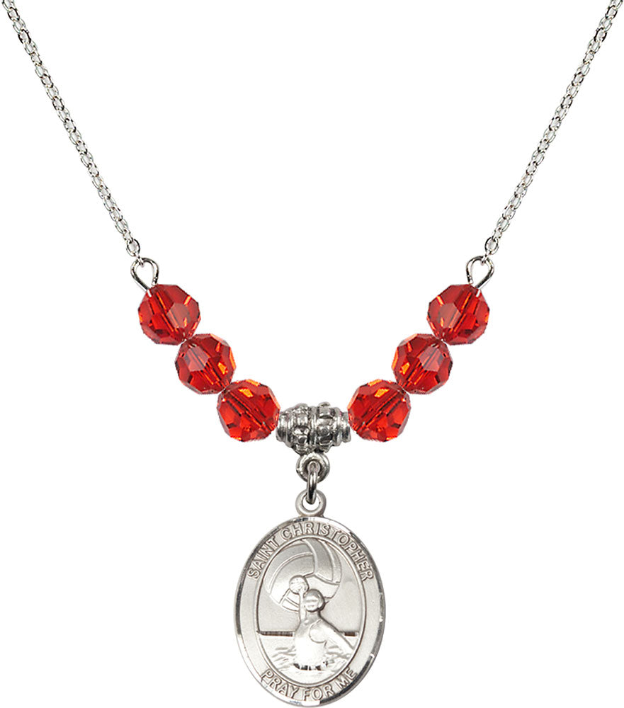Sterling Silver Saint Christopher/Water Polo-Women Birthstone Necklace with Ruby Beads - 8199