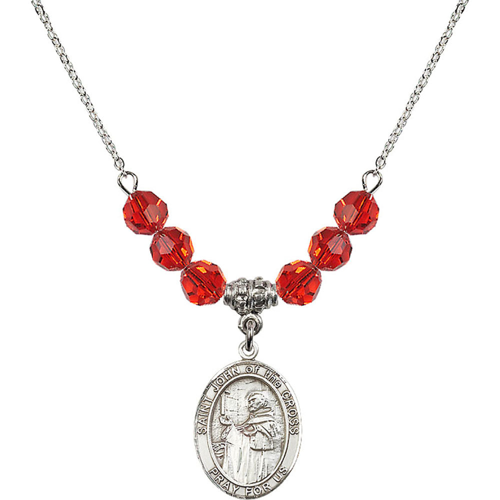 Sterling Silver Saint John of the Cross Birthstone Necklace with Ruby Beads - 8231