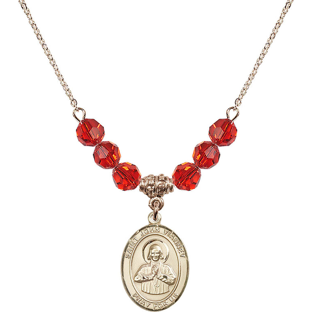 14kt Gold Filled Saint John Vianney Birthstone Necklace with Ruby Beads - 8282