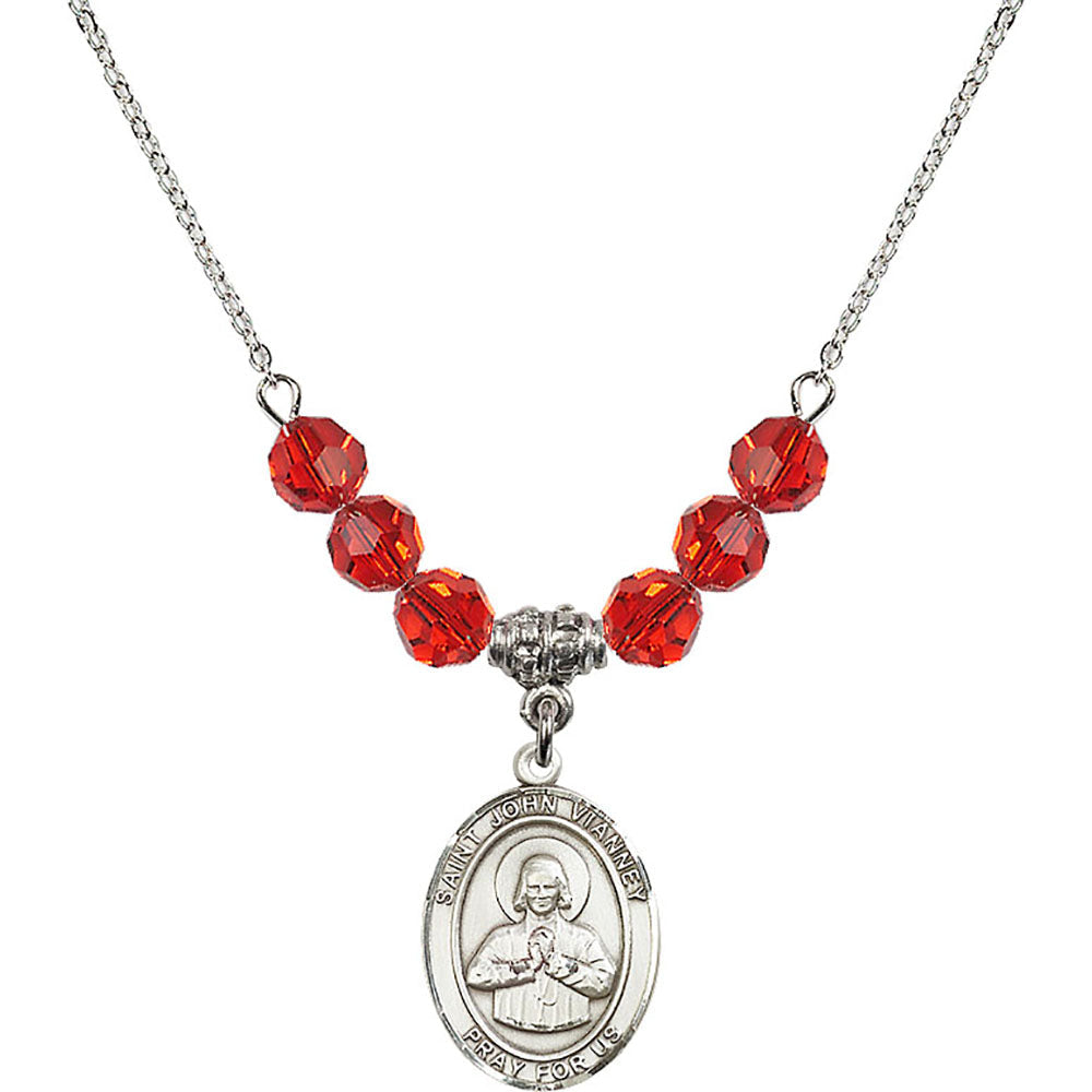 Sterling Silver Saint John Vianney Birthstone Necklace with Ruby Beads - 8282