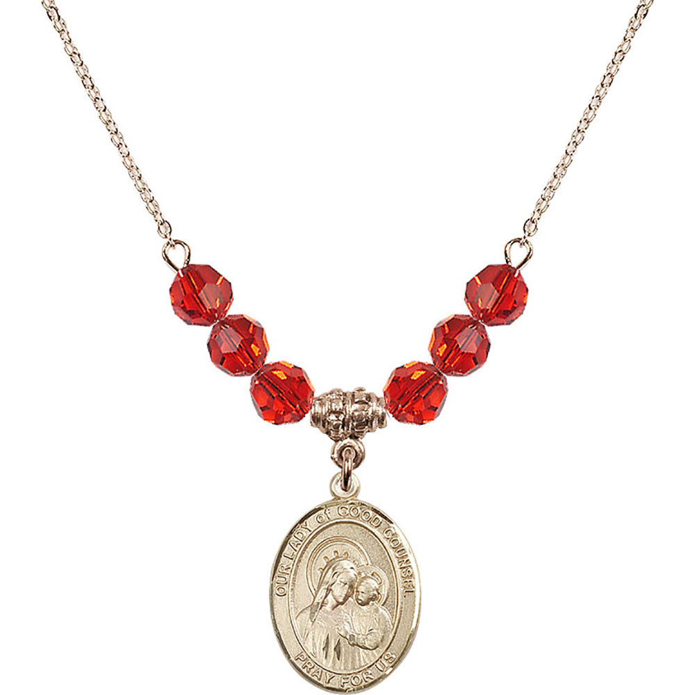 14kt Gold Filled Our Lady of Good Counsel Birthstone Necklace with Ruby Beads - 8287