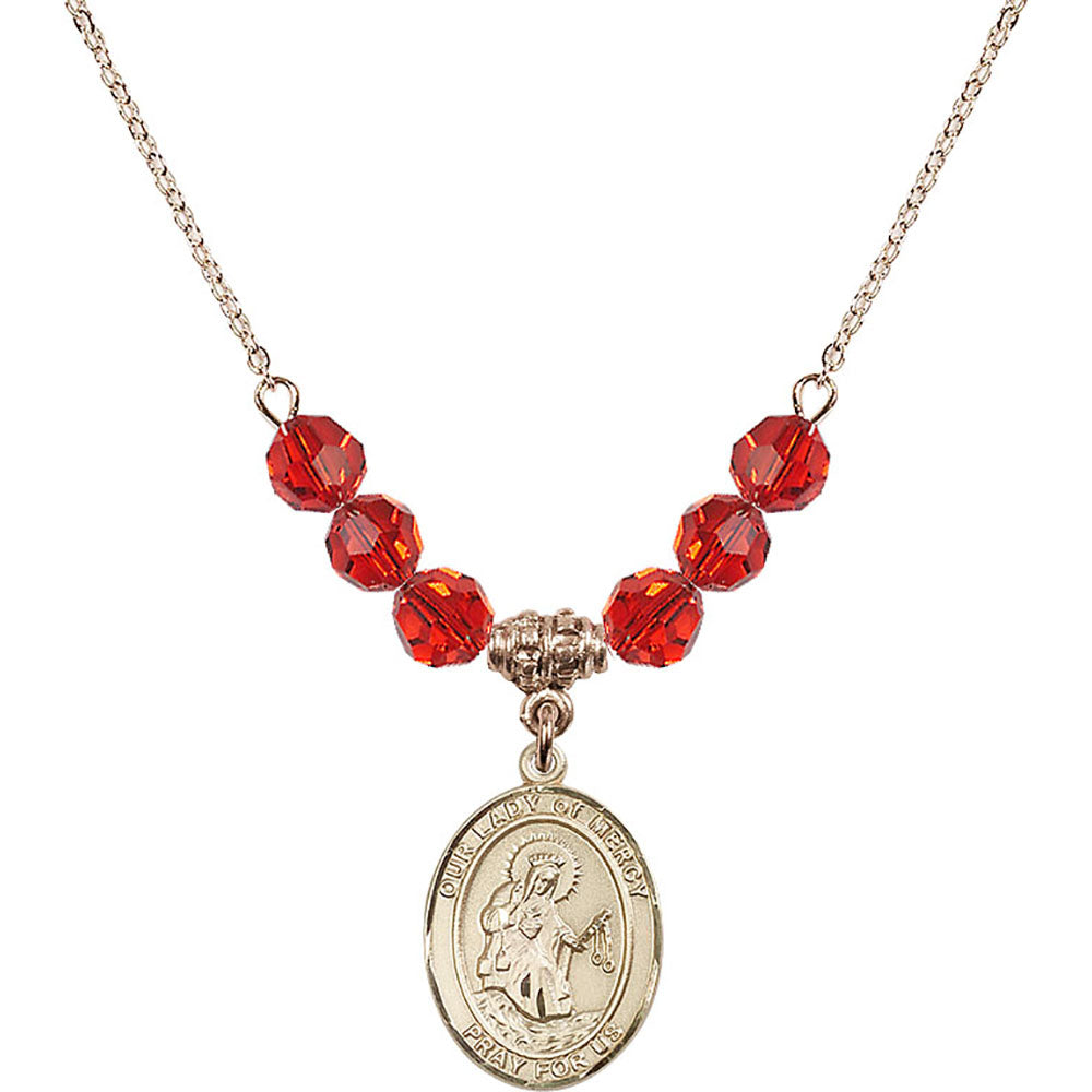 14kt Gold Filled Our Lady of Mercy Birthstone Necklace with Ruby Beads - 8289