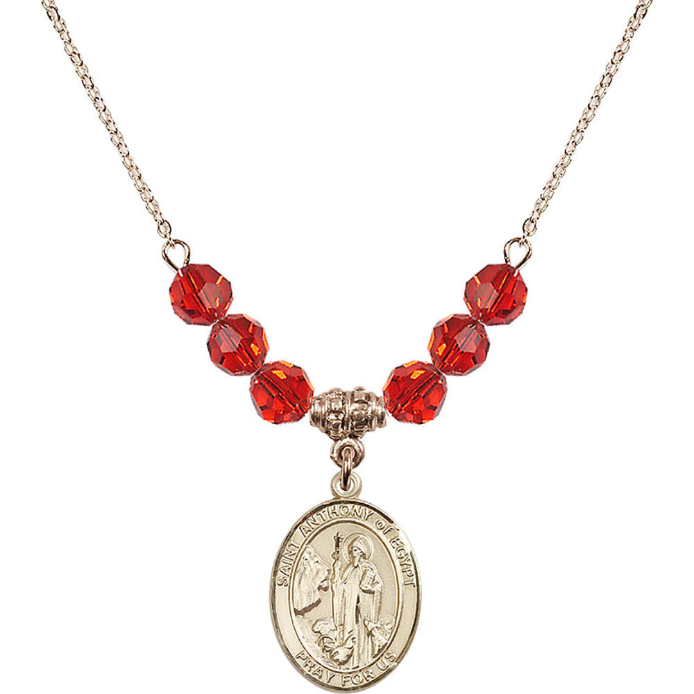 14kt Gold Filled Saint Anthony of Egypt Birthstone Necklace with Ruby Beads - 8317