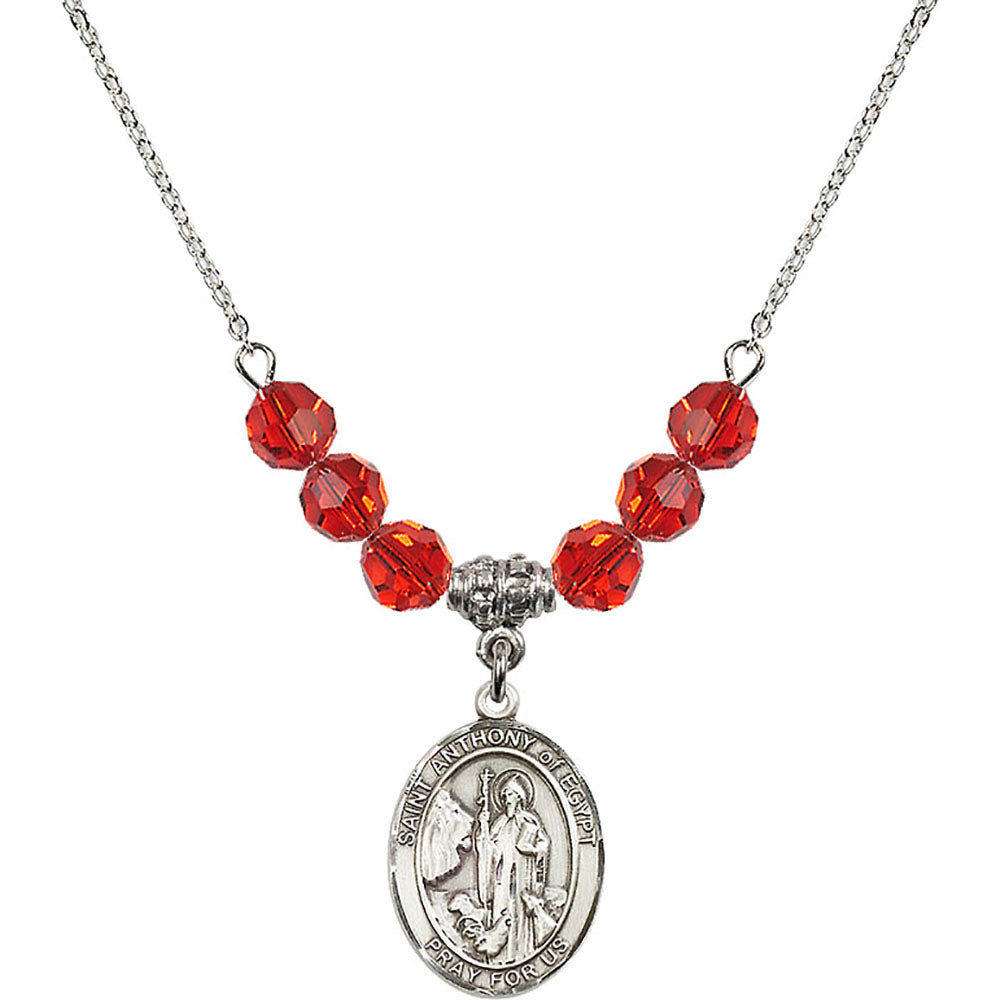 Sterling Silver Saint Anthony of Egypt Birthstone Necklace with Ruby Beads - 8317